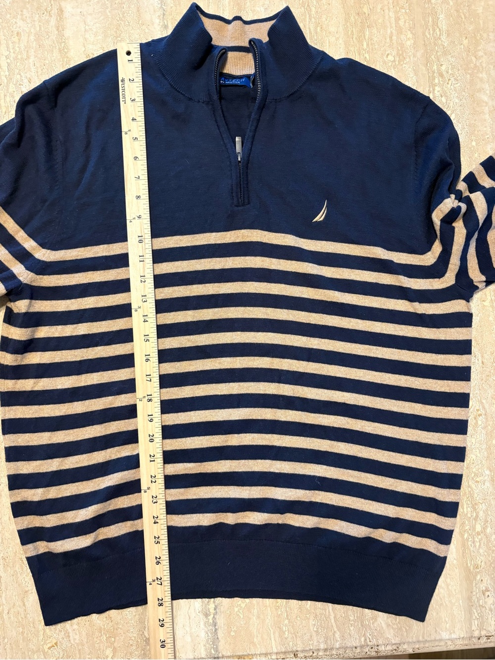Nautica Navtech Mens XL Quarter Zip Sweater Striped Navy Beige Knit Pullover - Picture 5 of 6